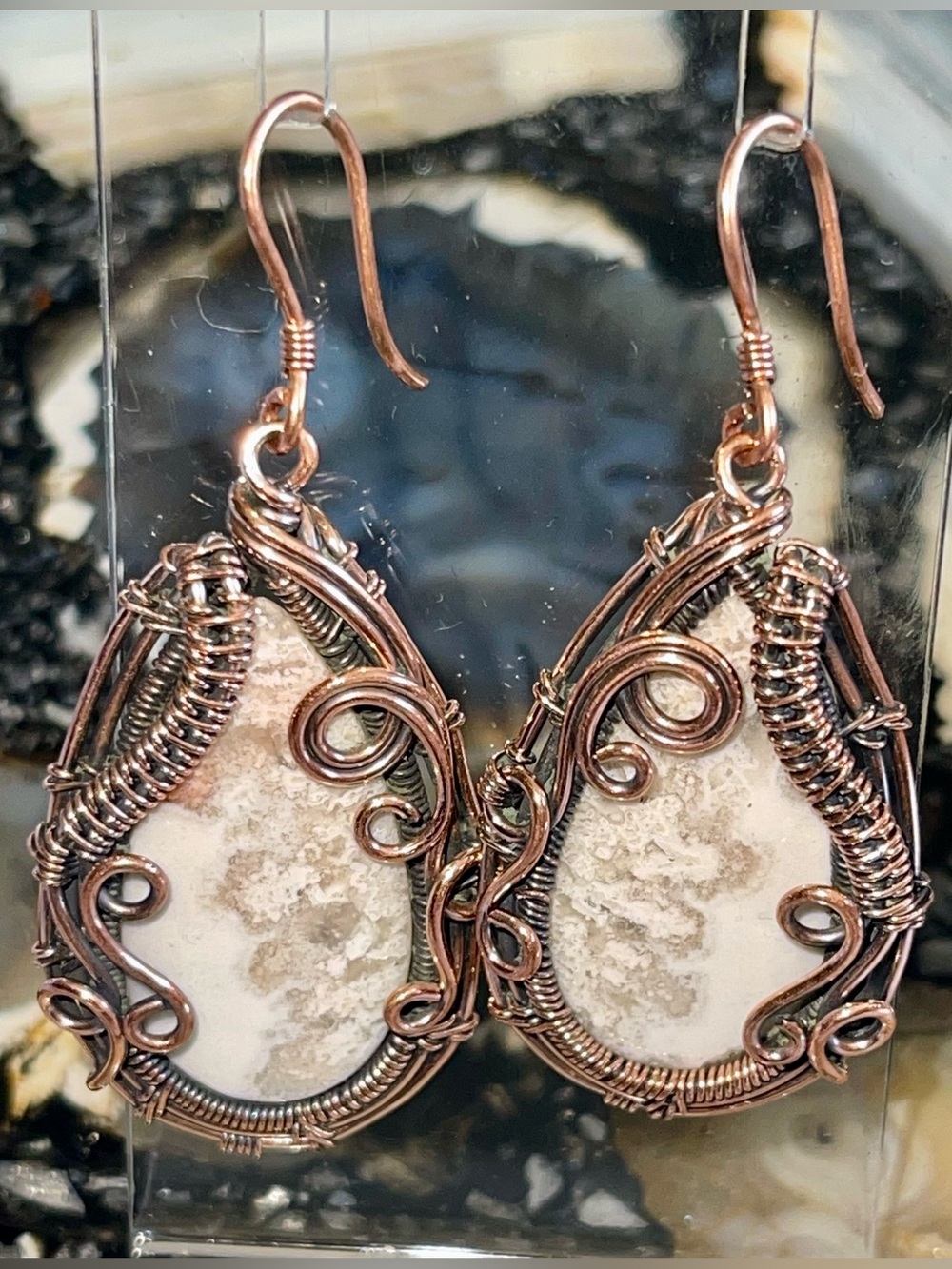 Copper Wire-wrapped Crazy Lace Agate Earrings 2 1/4” - Picture 3 of 17